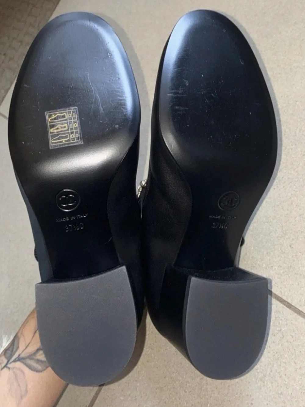 Chanel 24A Black Leather Mary Jane Heels with Gold Charms size 37.5